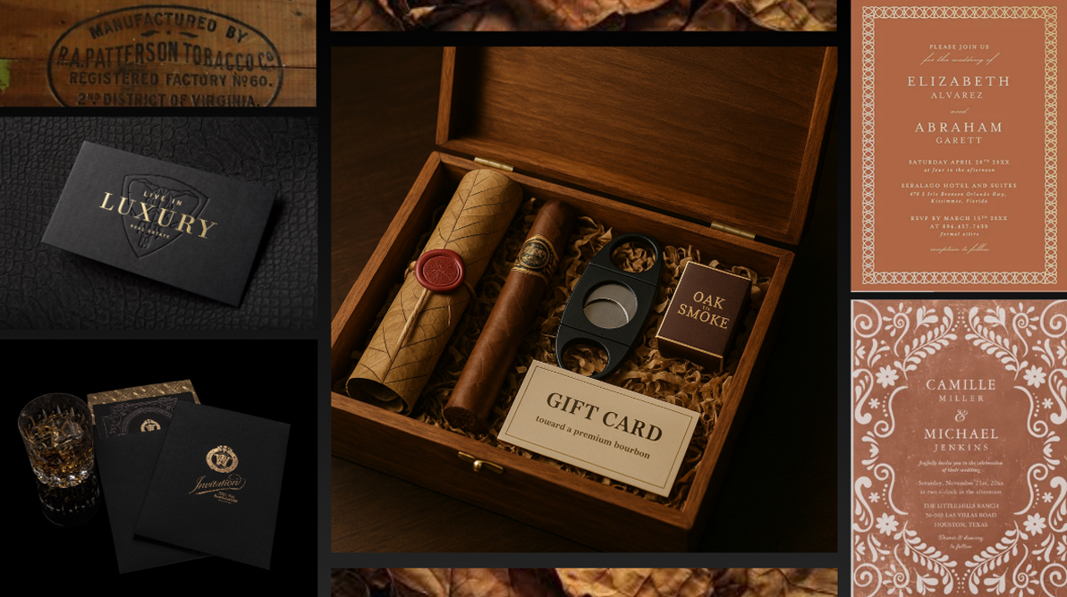 Oak & Smoke concept board showing wax-sealed invitations, a cigar gift box and printed event materials