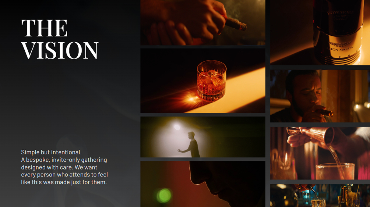 Oak & Smoke creative vision board for One Place Onslow’s fundraiser: candlelit bourbon, cigars and warm low light